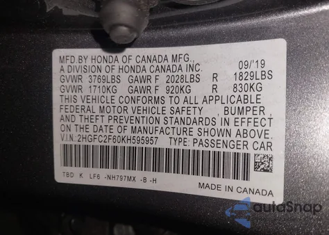 2019 Honda Civic Lx from USA, damaged, VIN 2HGFC2F60KH595957
